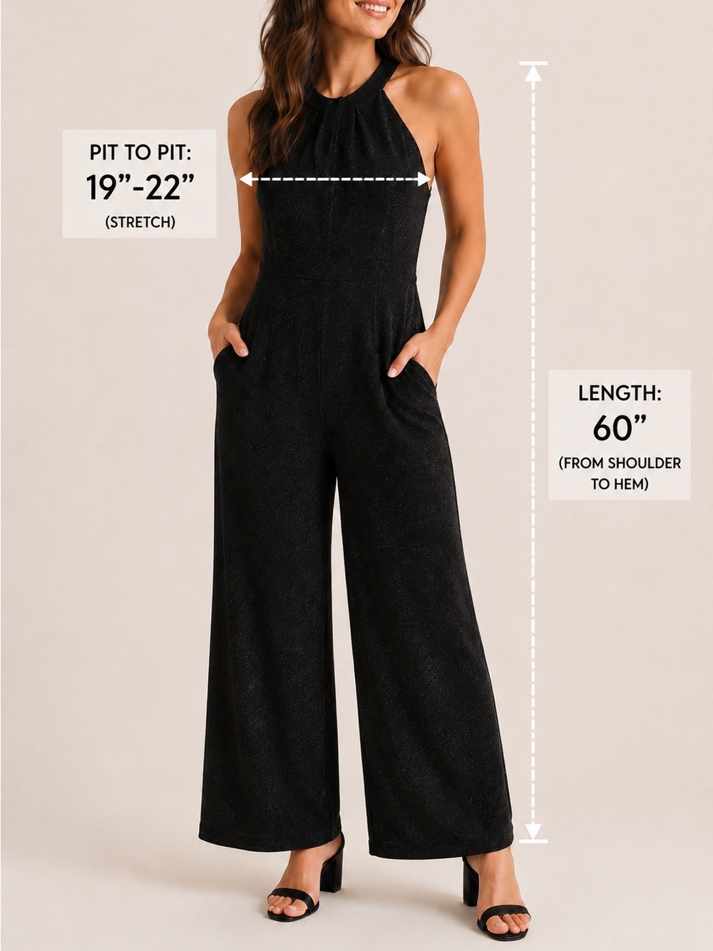 Nina Leonard Black Shimmer Halter Wide-Leg Jumpsuit - Picture 2 of 6